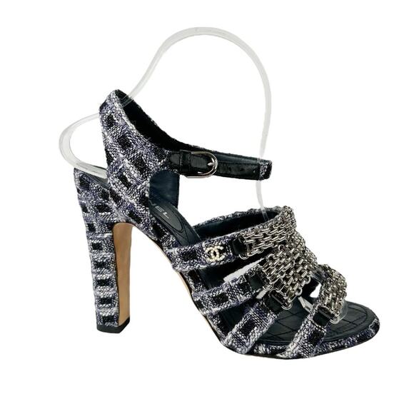 CHANEL Tweed Strappy Chain Interlocking CC Heeled Sandals - Picture 2 of 14